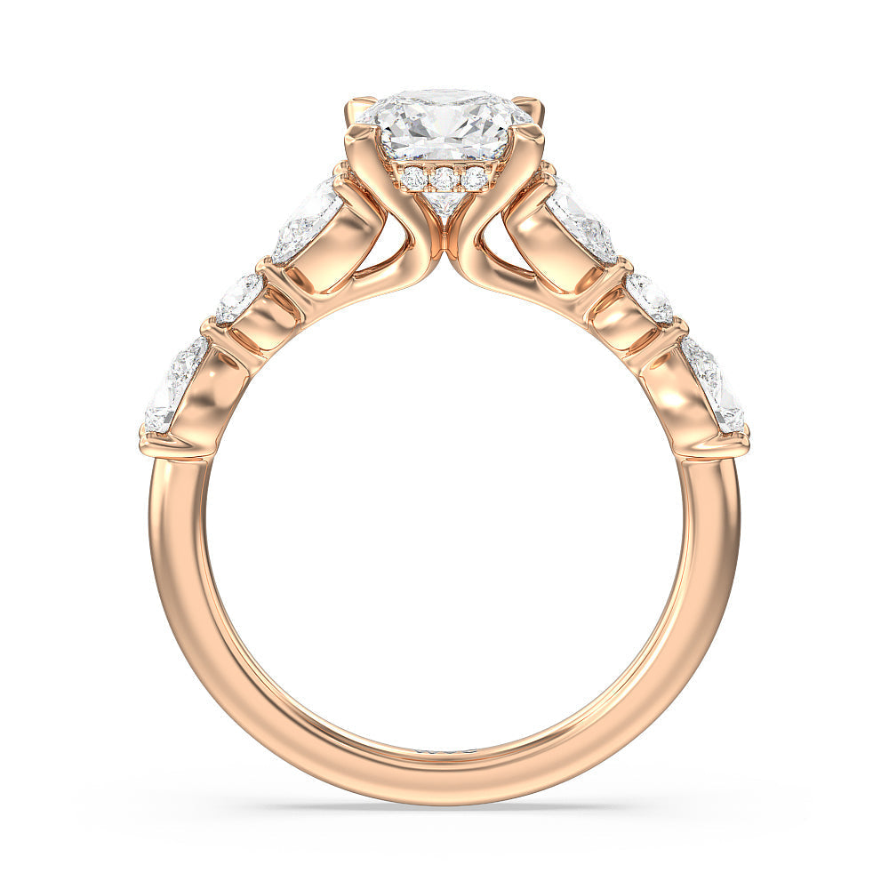 Cushion Cut Glamorous Fancy Side Stone Hidden Halo Engagement Ring with Lab Grown Diamond in 14KT Rose Gold view 2
