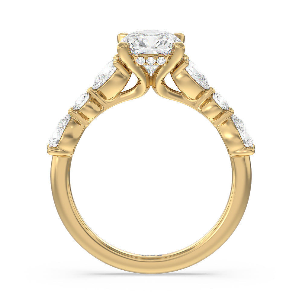 Cushion Cut Glamorous Fancy Side Stone Hidden Halo Engagement Ring with Lab Grown Diamond in 14KT Yellow Gold view 2
