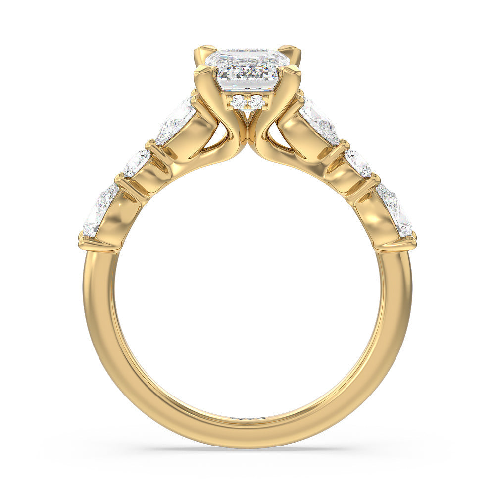 Emerald Cut Glamorous Fancy Side Stone Hidden Halo Engagement Ring with Lab Grown Diamond in 14KT Yellow Gold view 2
