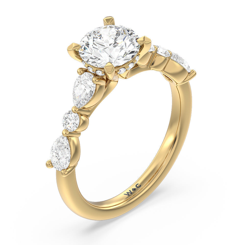 Round Cut Glamorous Fancy Side Stone Hidden Halo Engagement Ring with Lab Grown Diamond in 14KT Yellow Gold view 3
