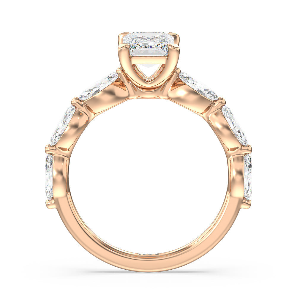 Emerald Cut Glamorous Marquise Side Stone Engagement Ring with Lab Grown Diamond in 14KT Rose Gold view 2
