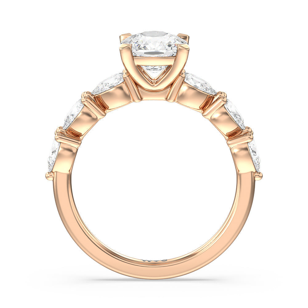 Glamorous Pear Side Stone Engagement Ring with Cushion Cut Diamond in 14KT Rose Gold view 2
