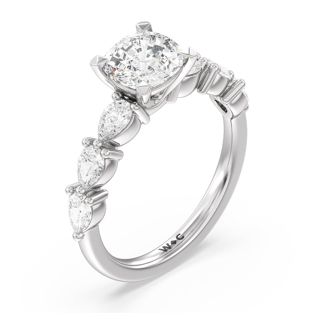 Glamorous Pear Side Stone Engagement Ring with Cushion Cut Diamond in 14KT Platinum view 3
