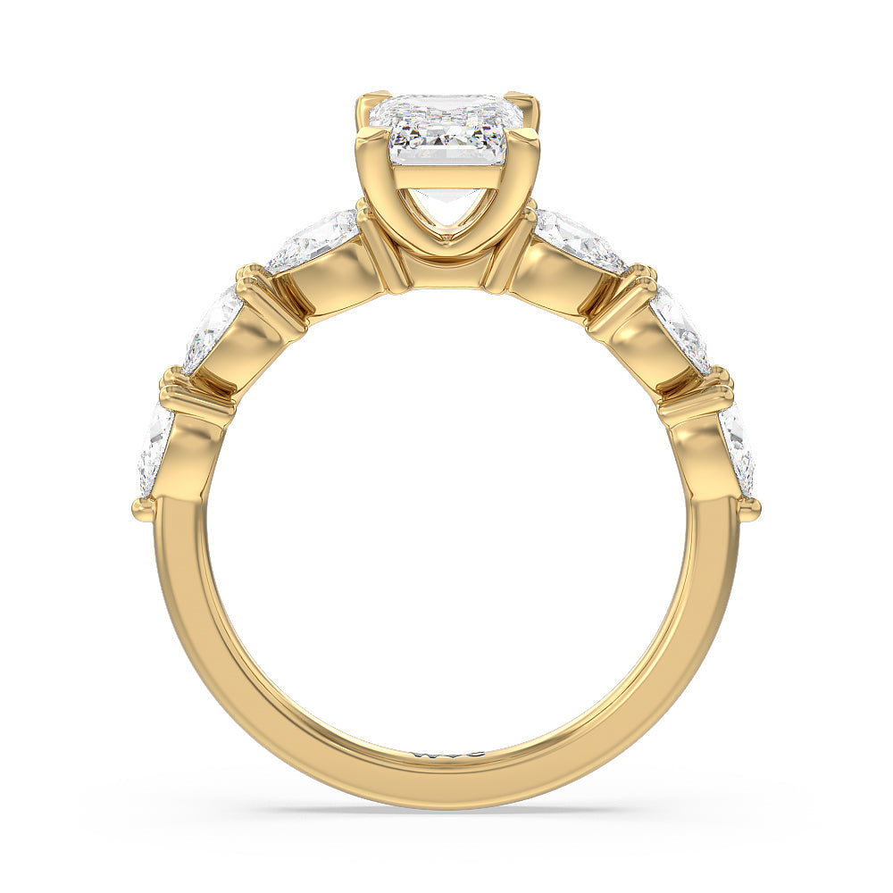 Glamorous Pear Side Stone Engagement Ring with Emerald Cut Diamond in 14KT Yellow Gold view 2
