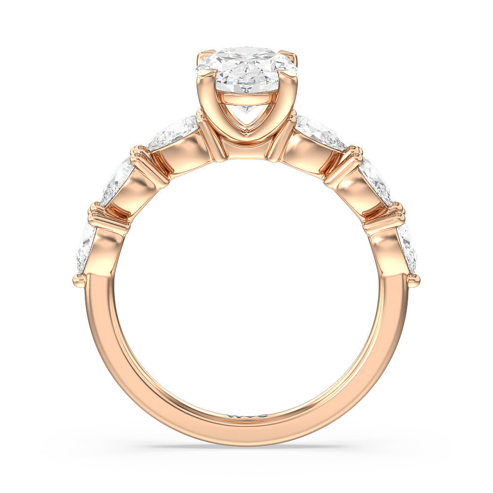 Glamorous Pear Side Stone Engagement Ring with Oval Cut Diamond in 14KT Rose Gold view 2
