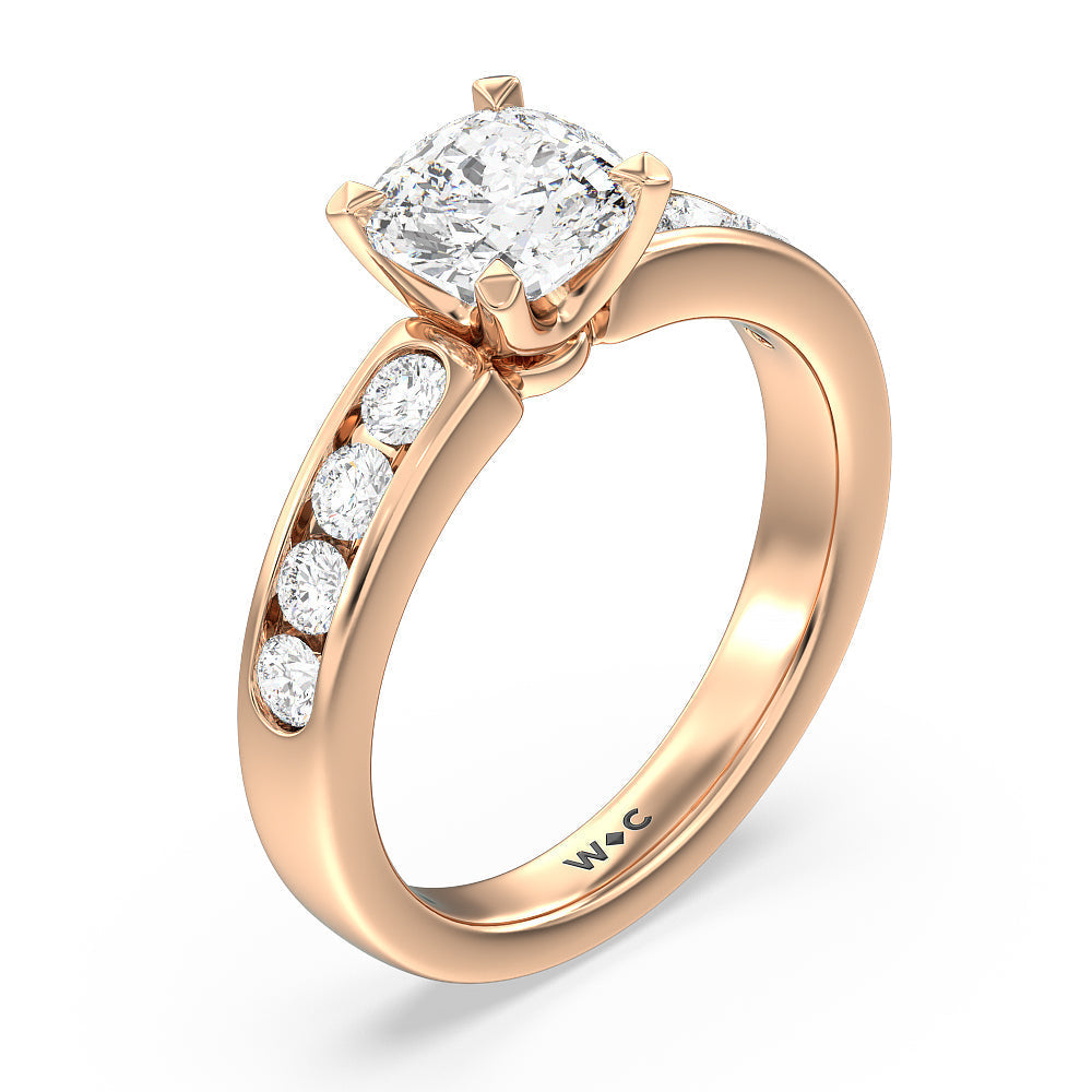 Six Prong Channel Set Ring with Cushion Cut Diamond in 14KT Rose Gold view 3
