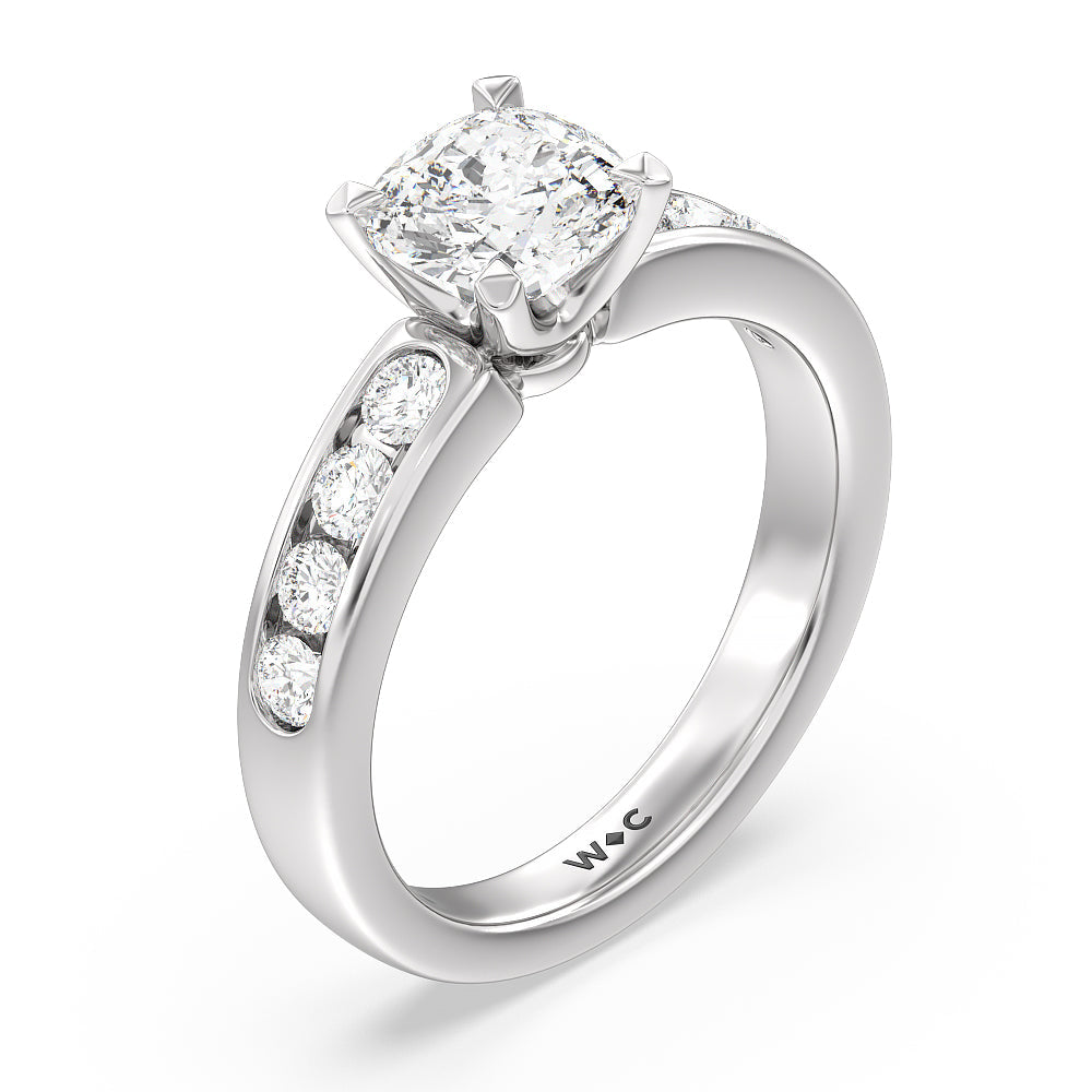 Six Prong Channel Set Ring with Cushion Cut Diamond in 14KT Platinum view 3
