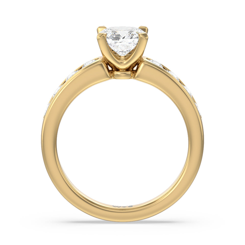 Six Prong Channel Set Ring with Cushion Cut Diamond in 14KT Yellow Gold view 2
