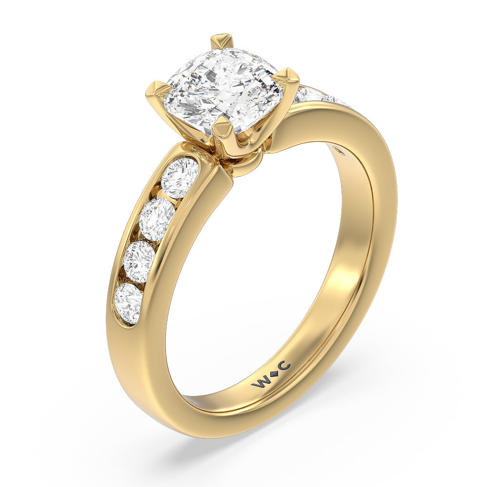 Six Prong Channel Set Ring with Cushion Cut Diamond in 14KT Yellow Gold view 3
