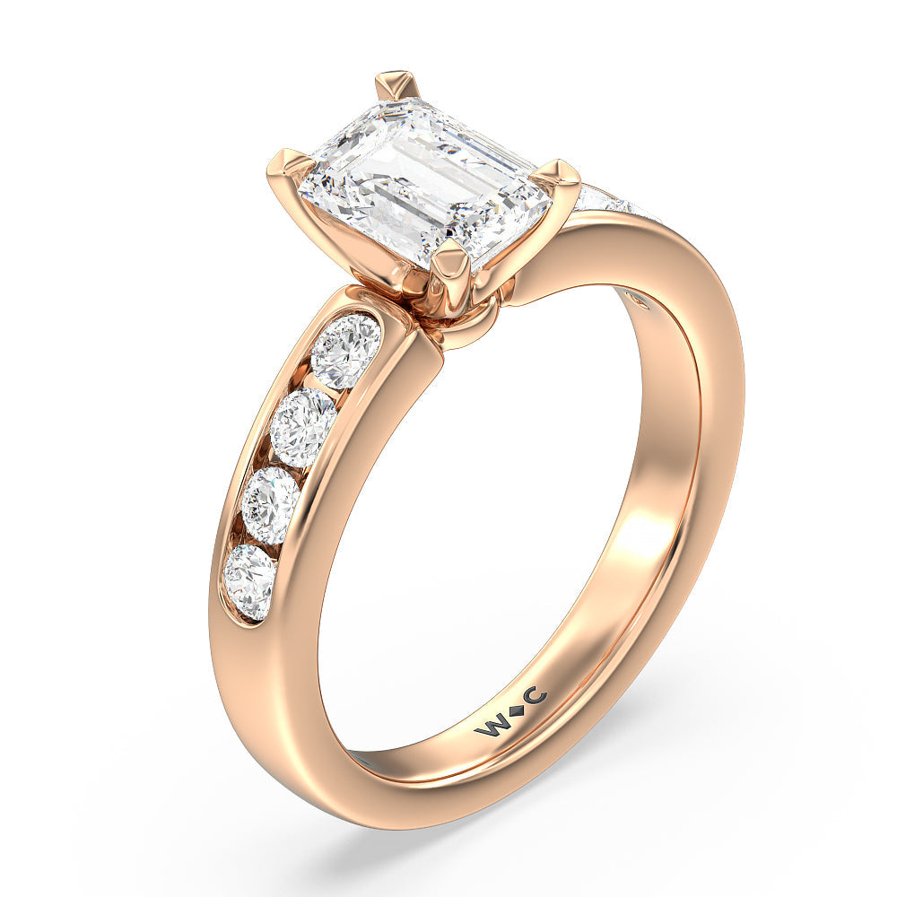Six Prong Channel Set Ring with Emerald Cut Diamond in 14KT Rose Gold view 3
