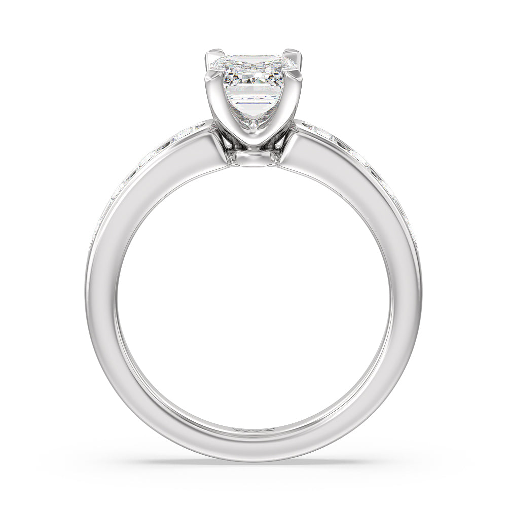 Six Prong Channel Set Ring with Emerald Cut Diamond in 14KT Platinum view 2

