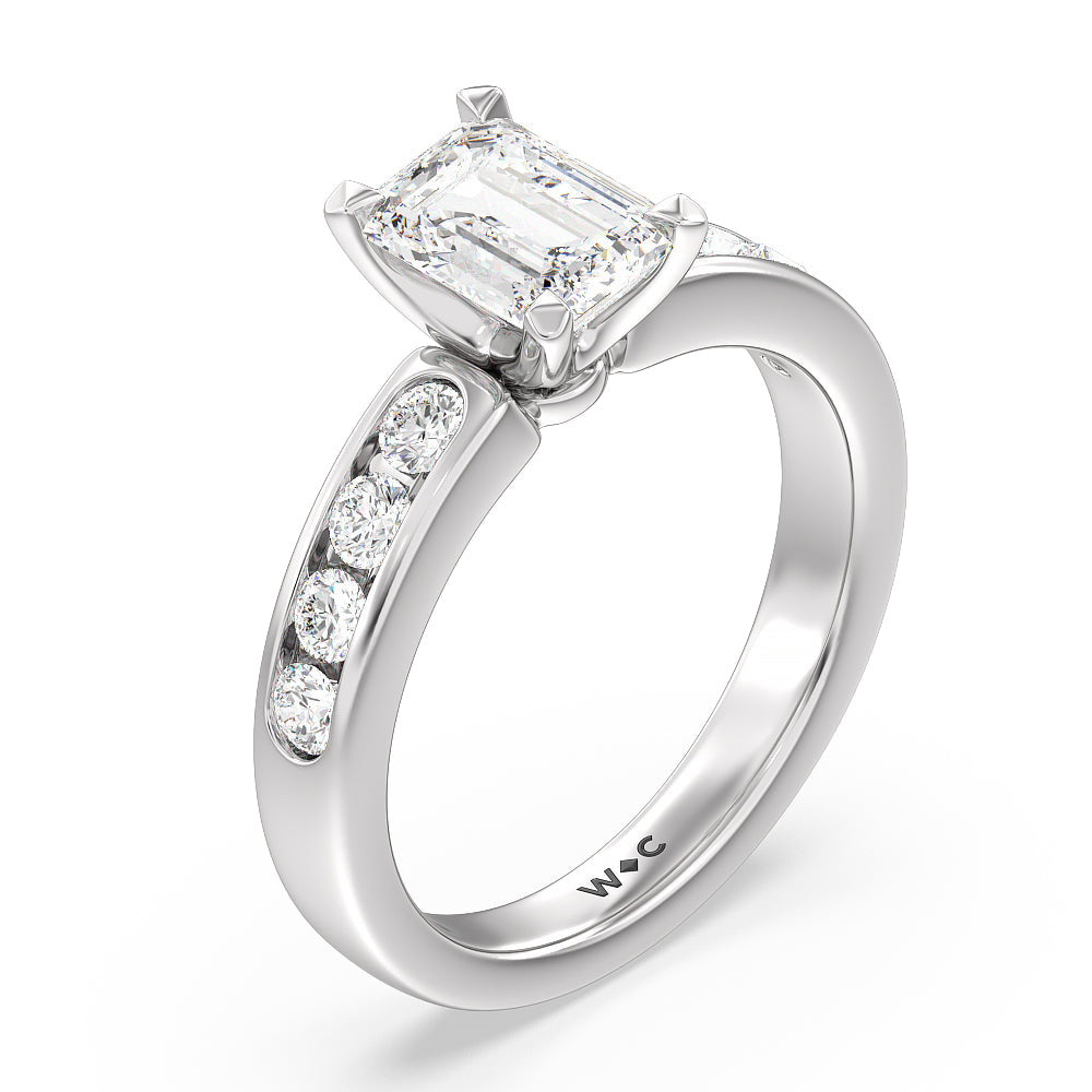 Six Prong Channel Set Ring with Emerald Cut Diamond in 14KT Platinum view 3
