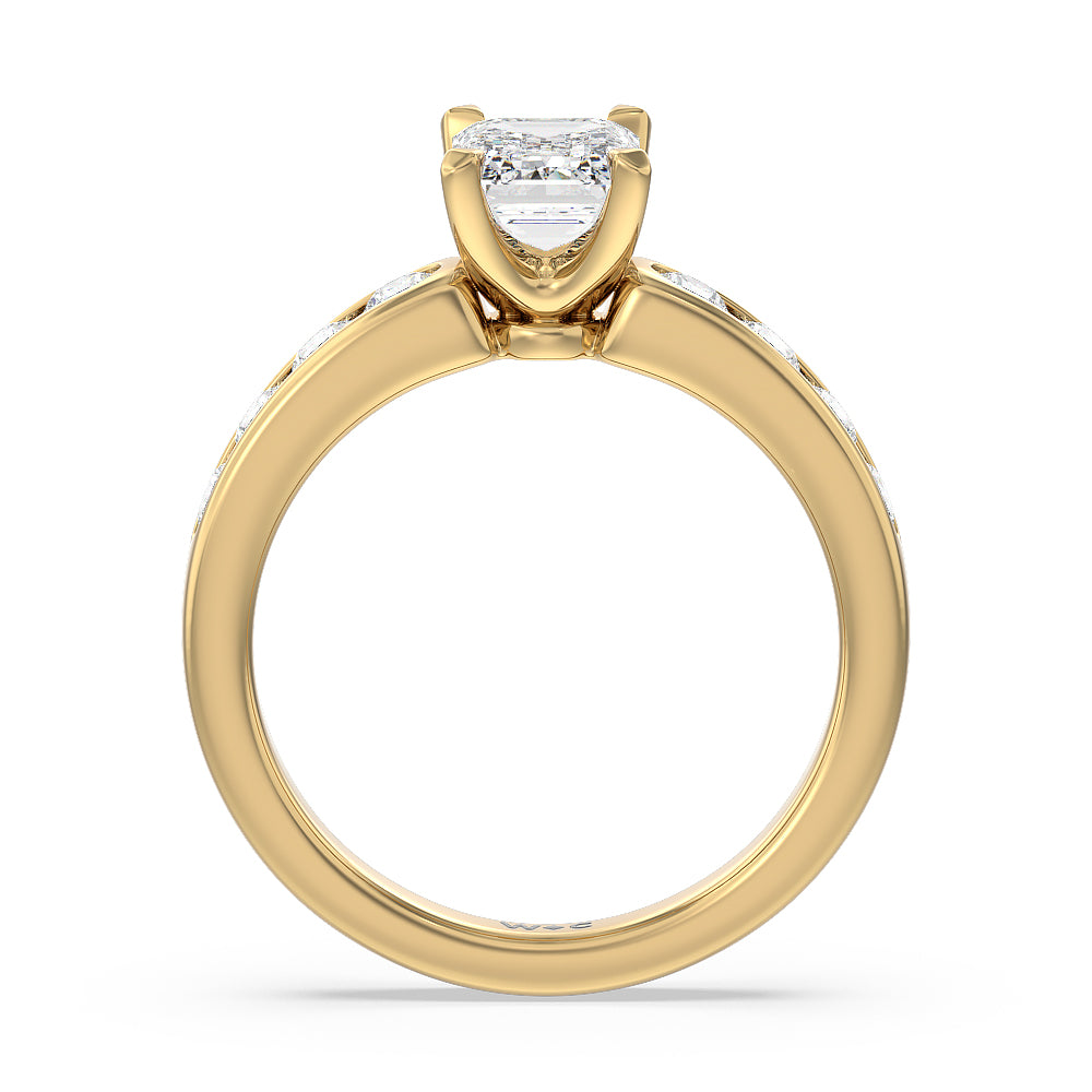 Six Prong Channel Set Ring with Emerald Cut Diamond in 14KT Yellow Gold view 2
