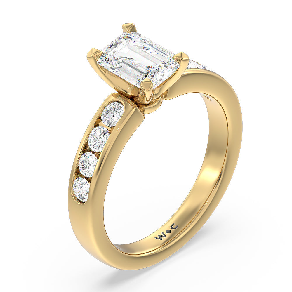 Six Prong Channel Set Ring with Emerald Cut Diamond in 14KT Yellow Gold view 3

