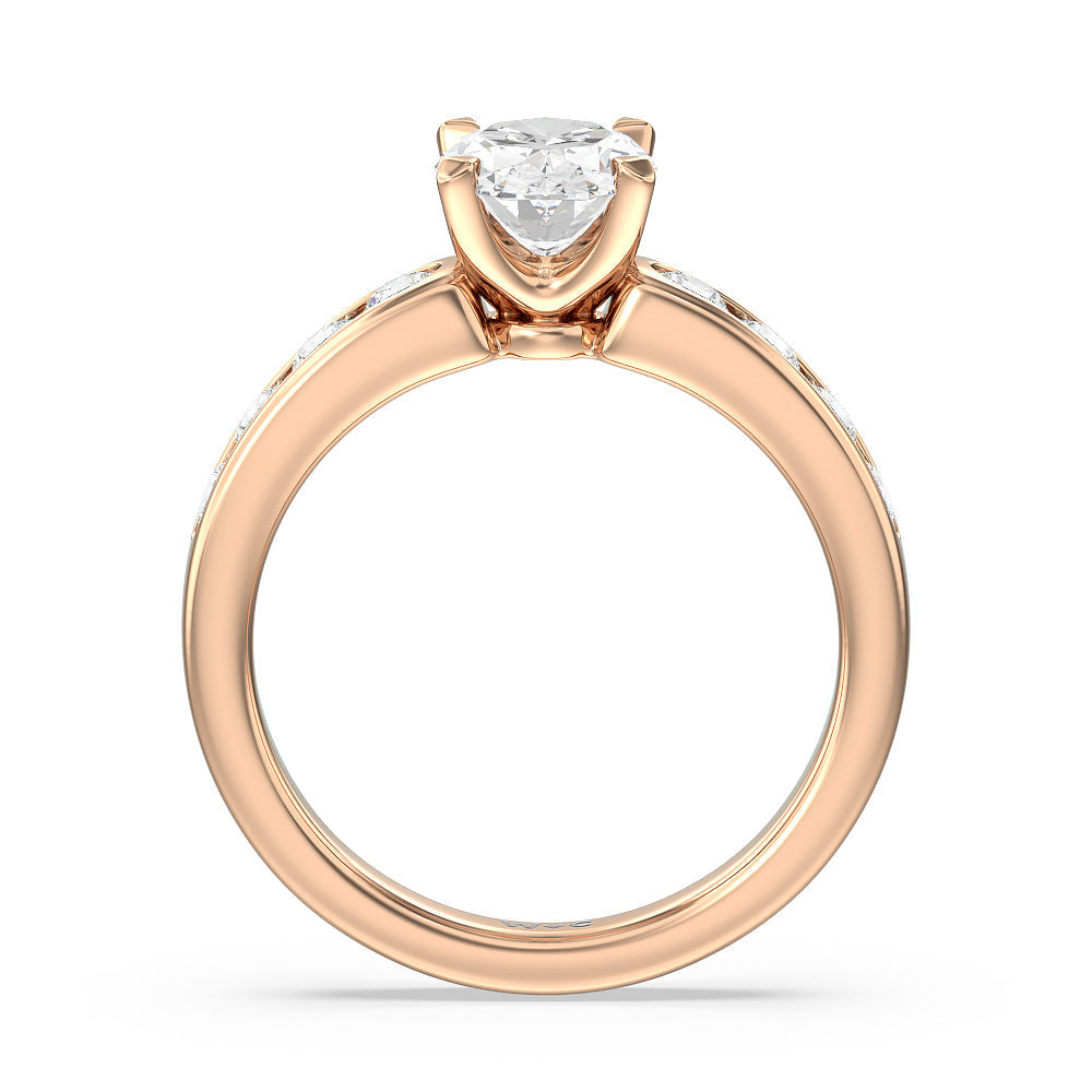 Six Prong Channel Set Ring with Oval Cut Diamond in 14KT Rose Gold view 2
