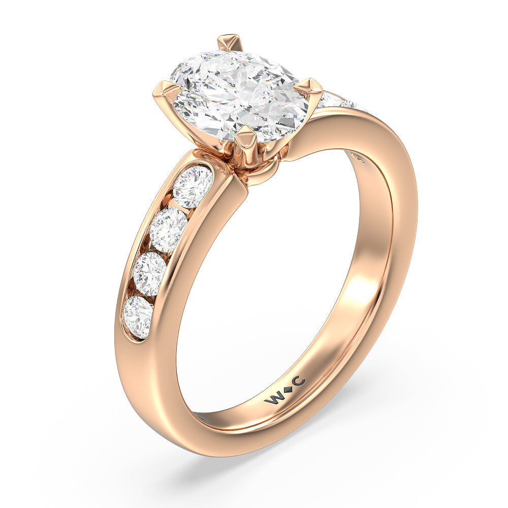 Six Prong Channel Set Ring with Oval Cut Diamond in 14KT Rose Gold view 3
