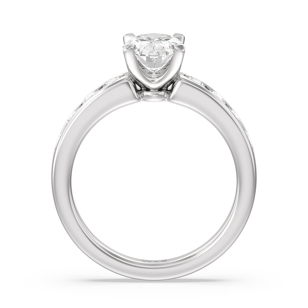 Six Prong Channel Set Ring with Oval Cut Diamond in 14KT Platinum view 2
