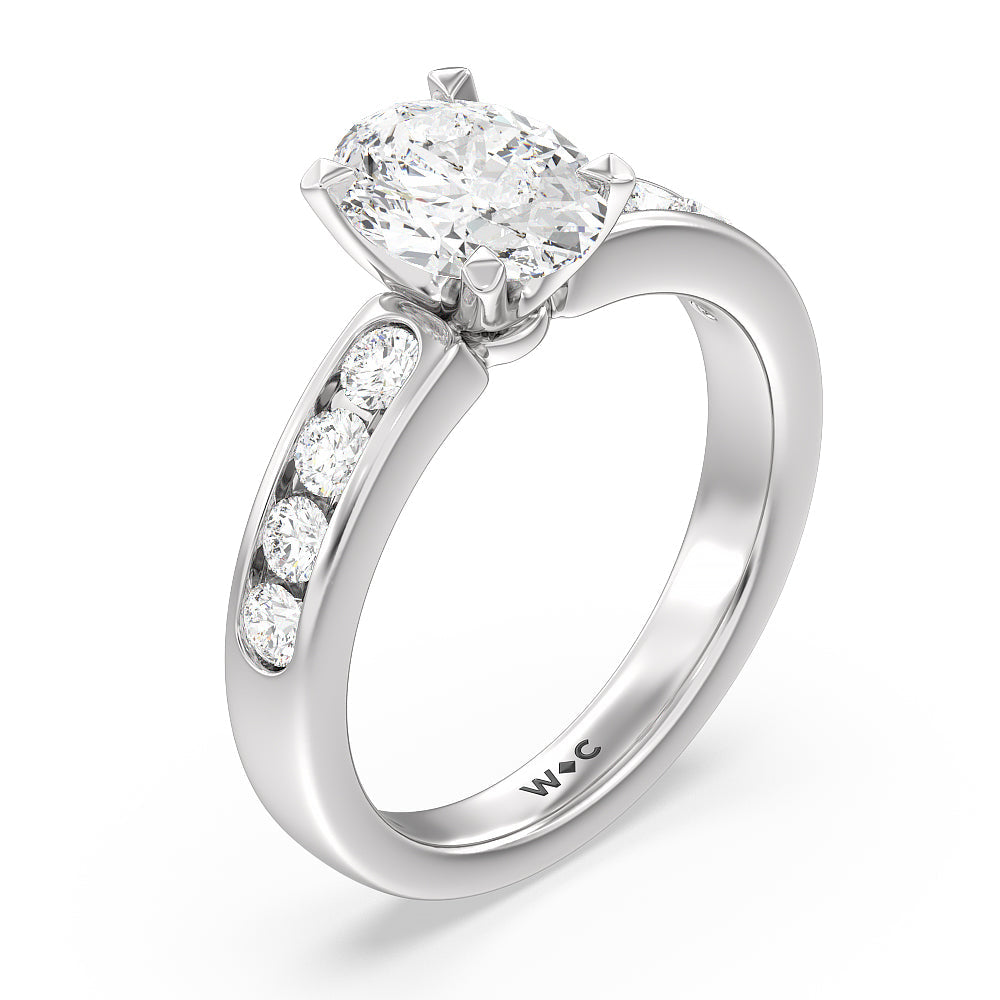 Six Prong Channel Set Ring with Oval Cut Diamond in 14KT Platinum view 3
