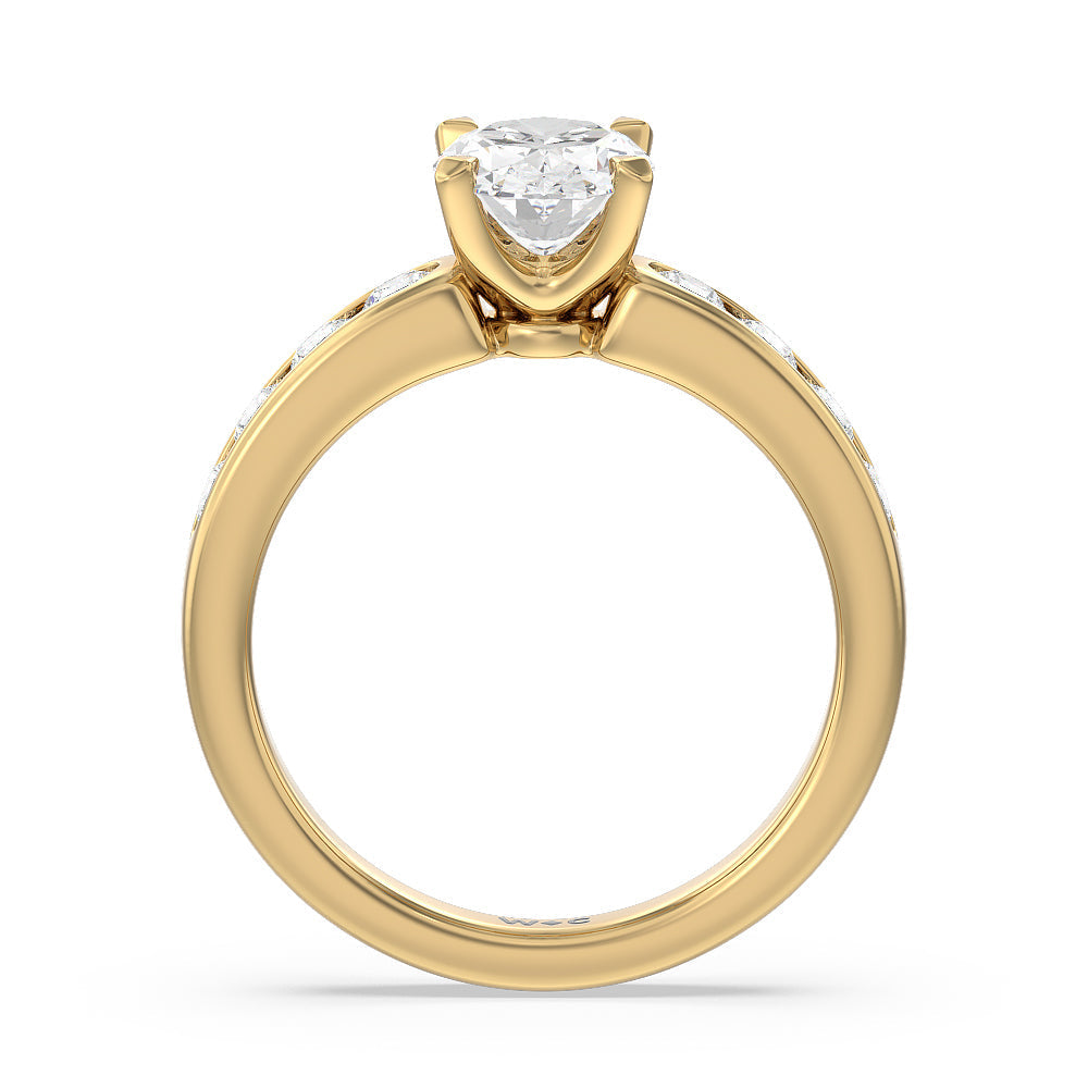Six Prong Channel Set Ring with Oval Cut Diamond in 14KT Yellow Gold view 2
