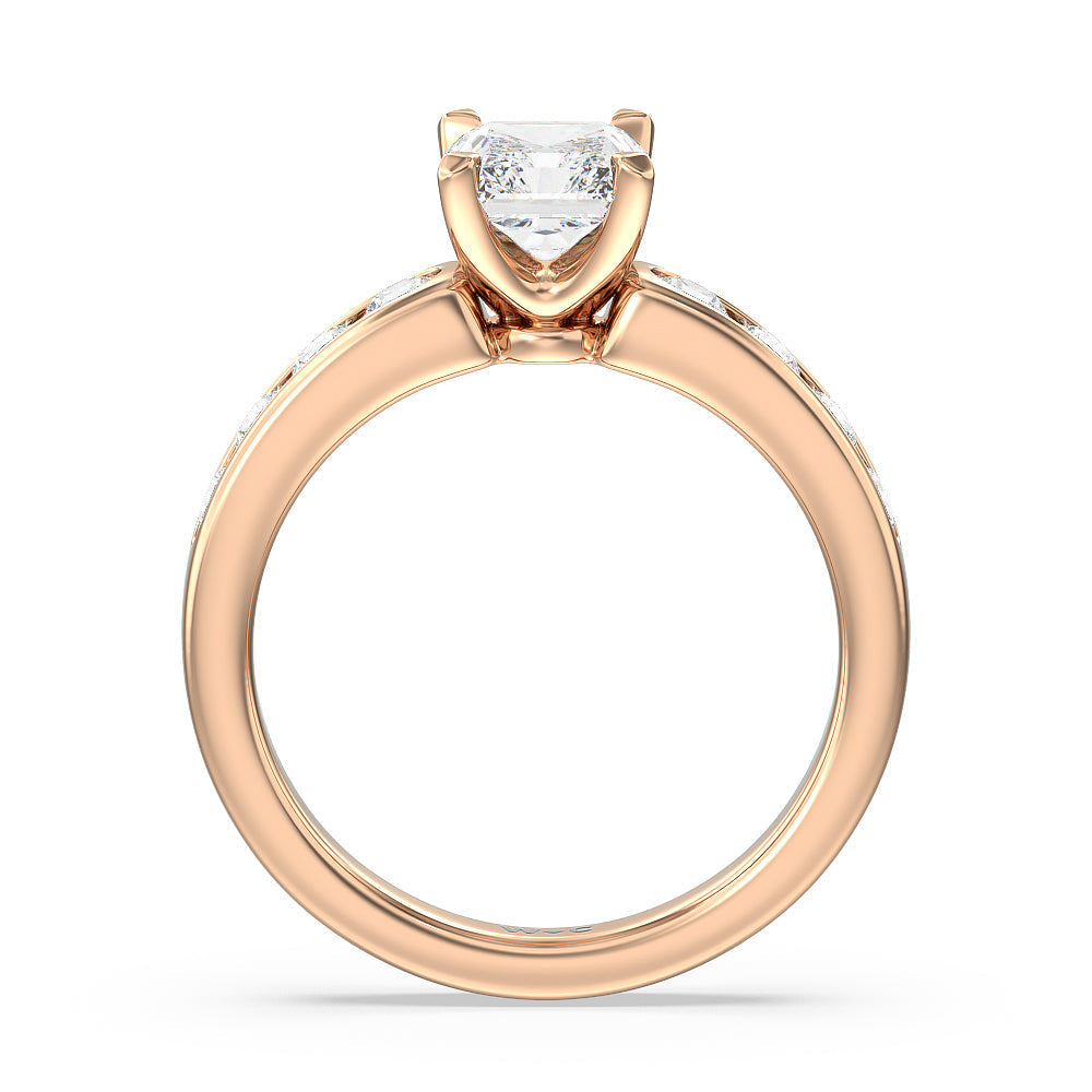 Six Prong Channel Set Ring with Radiant Cut Diamond in 14KT Rose Gold view 2
