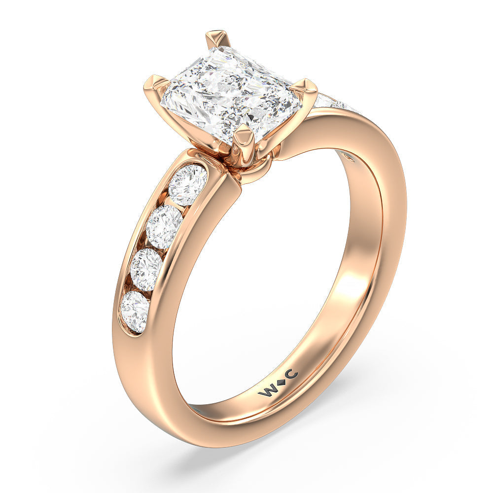 Six Prong Channel Set Ring with Radiant Cut Diamond in 14KT Rose Gold view 3
