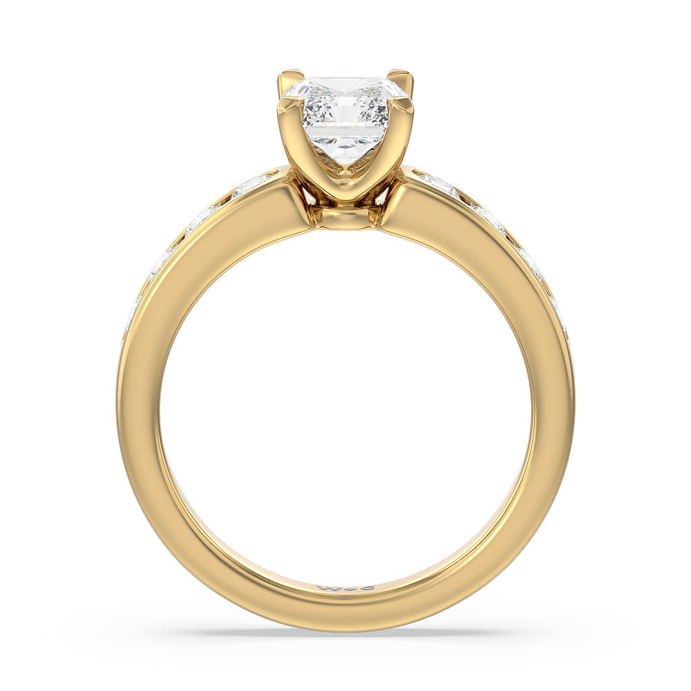 Six Prong Channel Set Ring with Radiant Cut Diamond in 14KT Yellow Gold view 2
