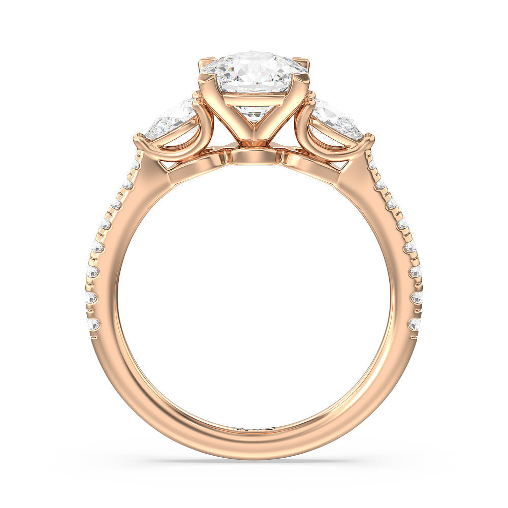 Cushion Cut Pear Three Stone Pave Engagement Ring with Lab Grown Diamond in 14KT Rose Gold view 4
