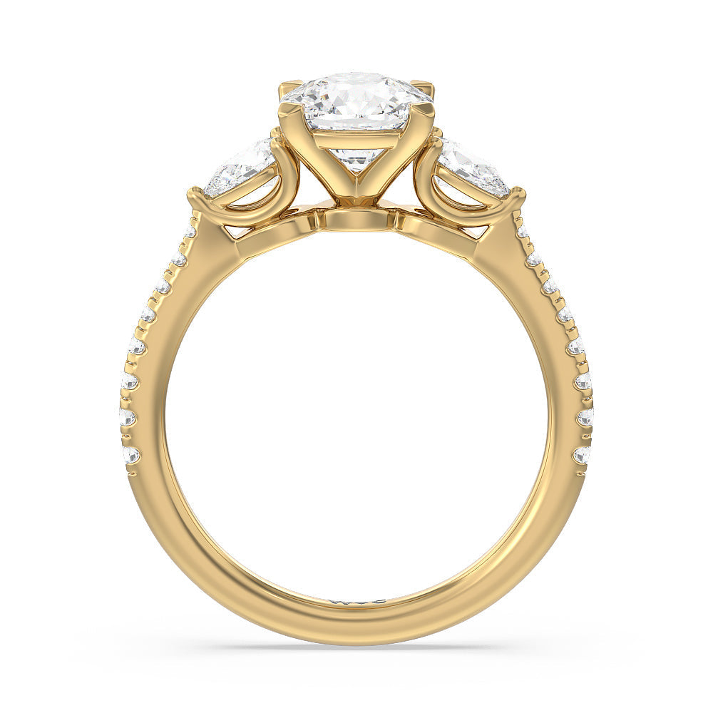 Cushion Cut Pear Three Stone Pave Engagement Ring with Lab Grown Diamond in 14KT Yellow Gold view 4
