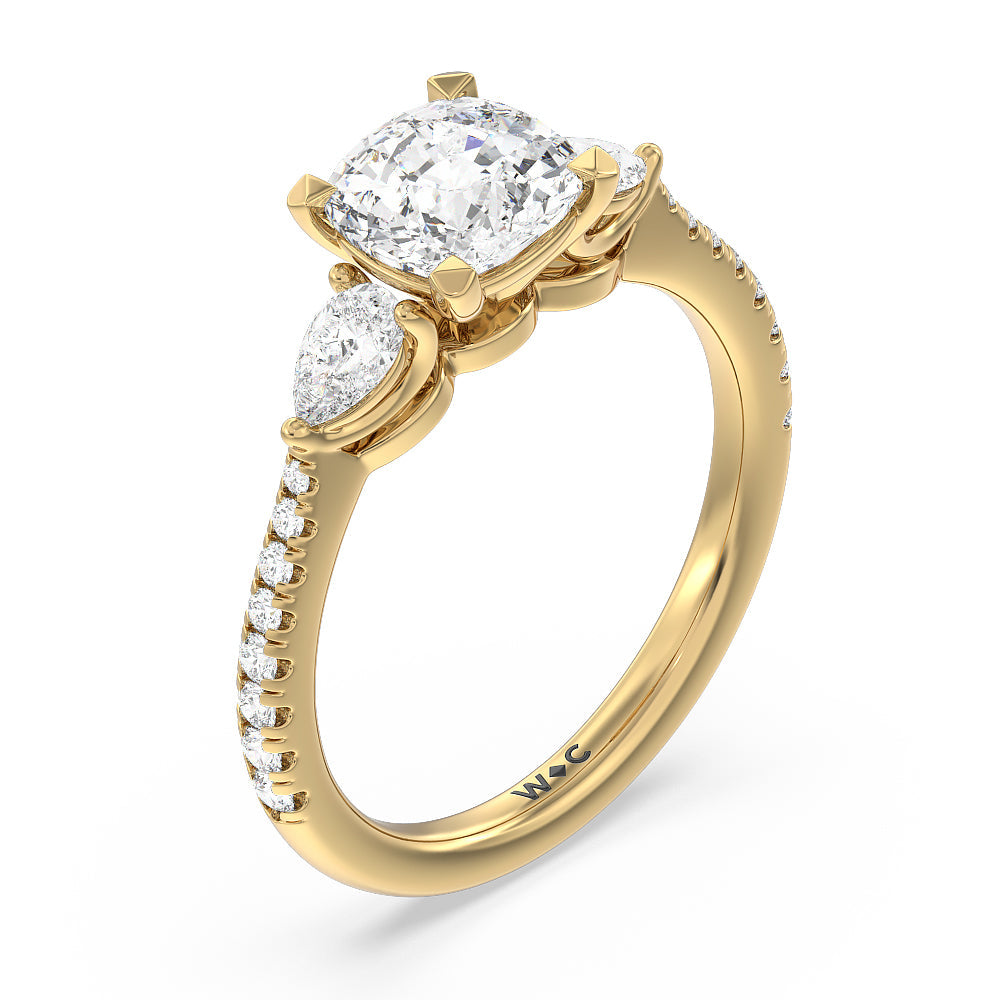 Cushion Cut Pear Three Stone Pave Engagement Ring with Lab Grown Diamond in 14KT Yellow Gold view 5
