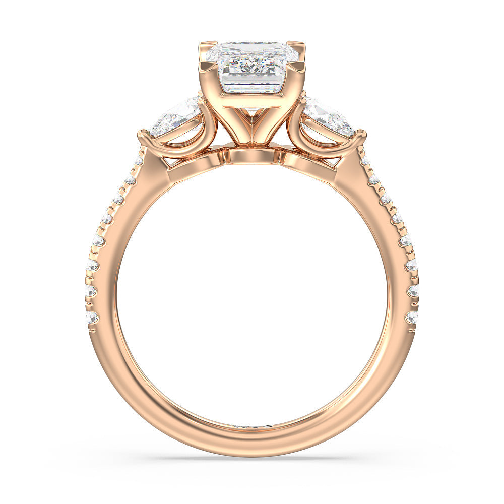 Emerald Cut Pear Three Stone Pave Engagement Ring with Lab Grown Diamond in 14KT Rose Gold view 4

