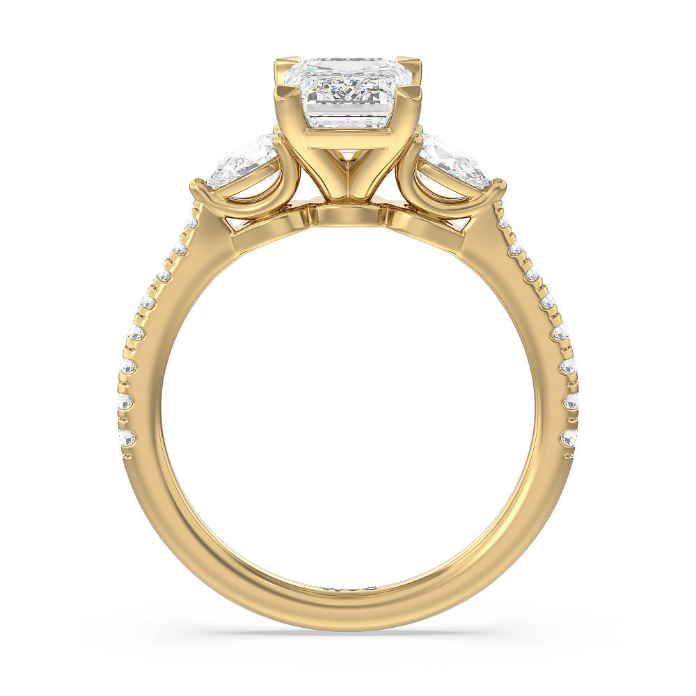 Emerald Cut Pear Three Stone Pave Engagement Ring with Lab Grown Diamond in 14KT Yellow Gold view 4
