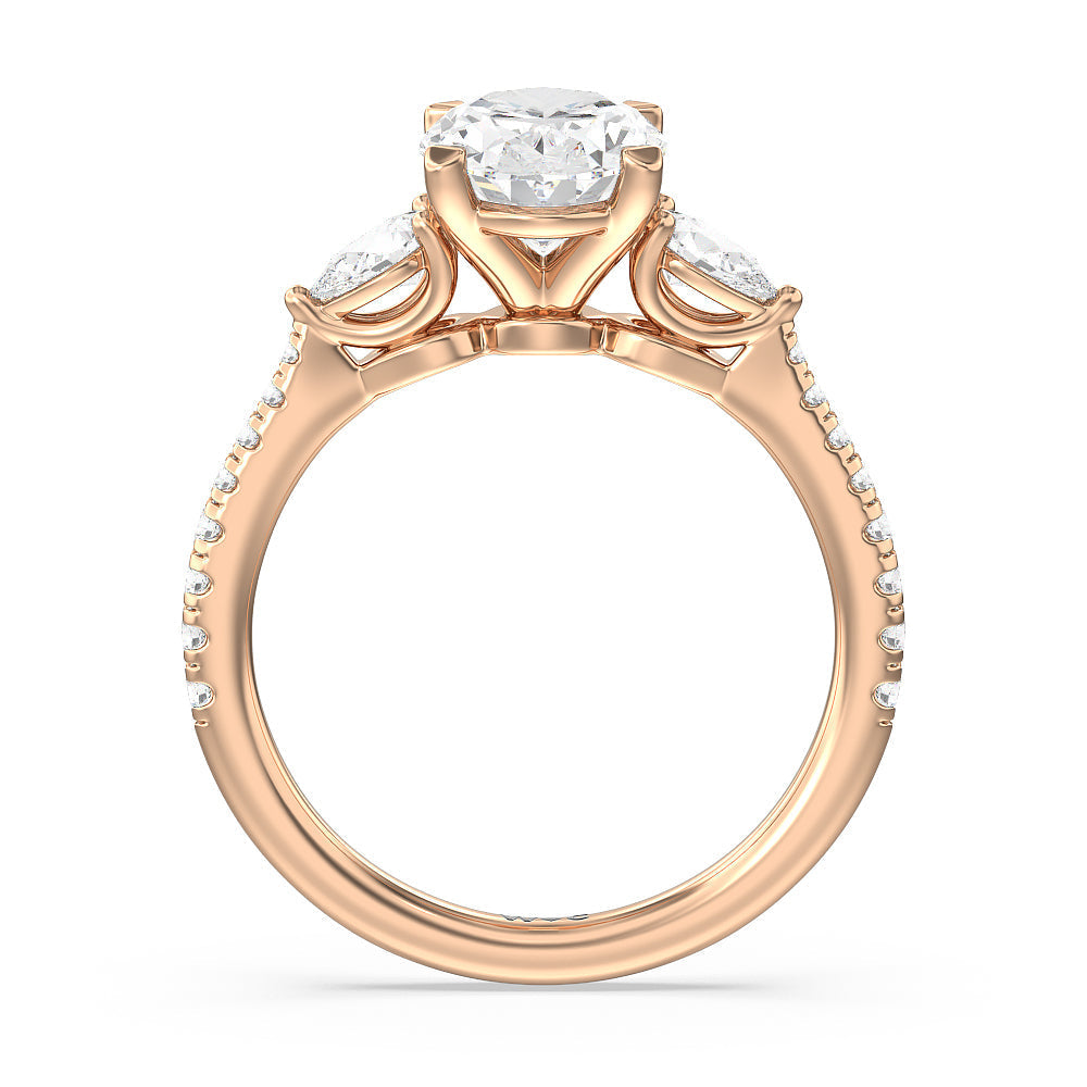 Oval Cut Pear Three Stone Pave Engagement Ring with Lab Grown Diamond in 14KT Rose Gold view 4
