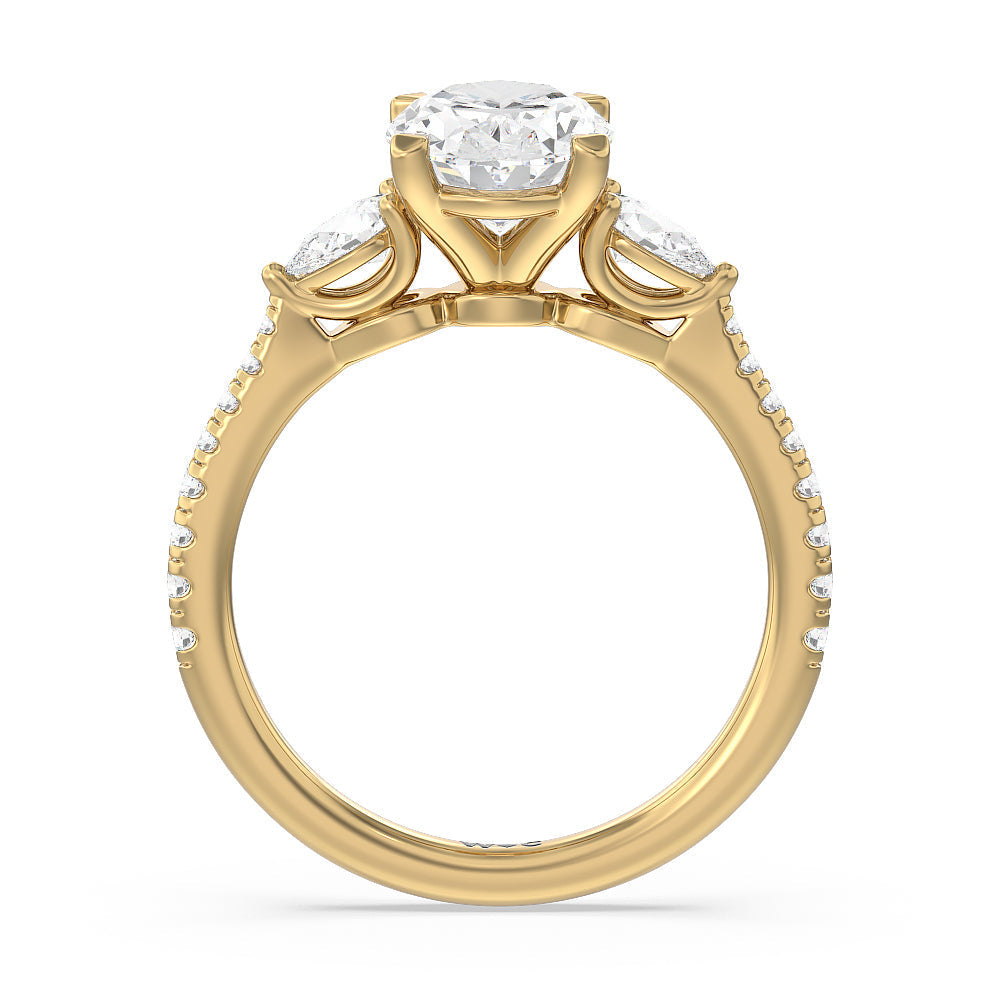 Oval Cut Pear Three Stone Pave Engagement Ring with Lab Grown Diamond in 14KT Yellow Gold view 4

