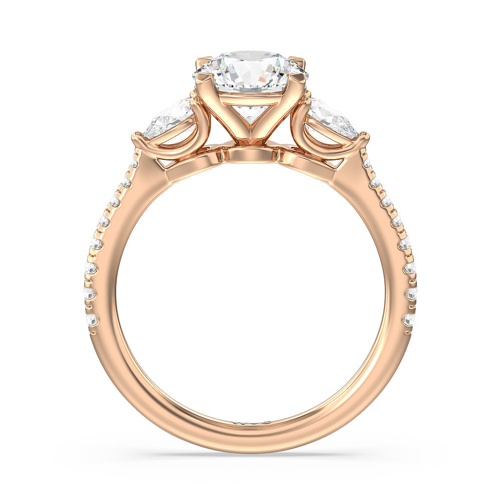 Round Cut Pear Three Stone Pave Engagement Ring with Lab Grown Diamond in 14KT Rose Gold view 4
