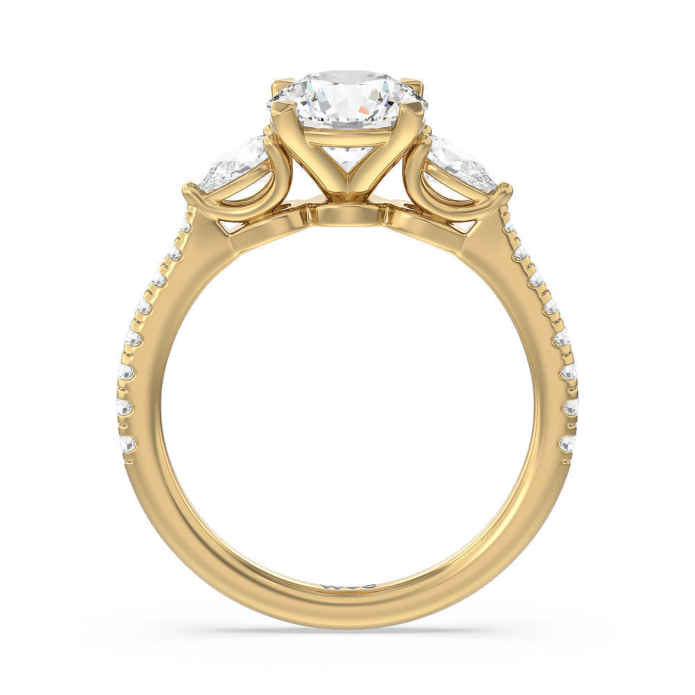 Round Cut Pear Three Stone Pave Engagement Ring with Lab Grown Diamond in 14KT Yellow Gold view 4
