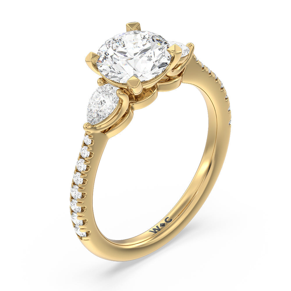 Round Cut Pear Three Stone Pave Engagement Ring with Lab Grown Diamond in 14KT Yellow Gold view 5
