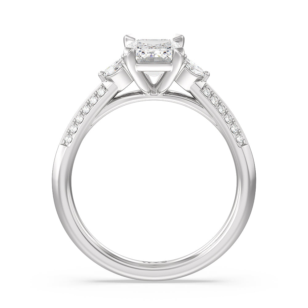 Knife Edge Pave & Side Stone Cathedral Diamond Engagement Ring with Emerald Cut Diamond in 14KT Platinum view 2
