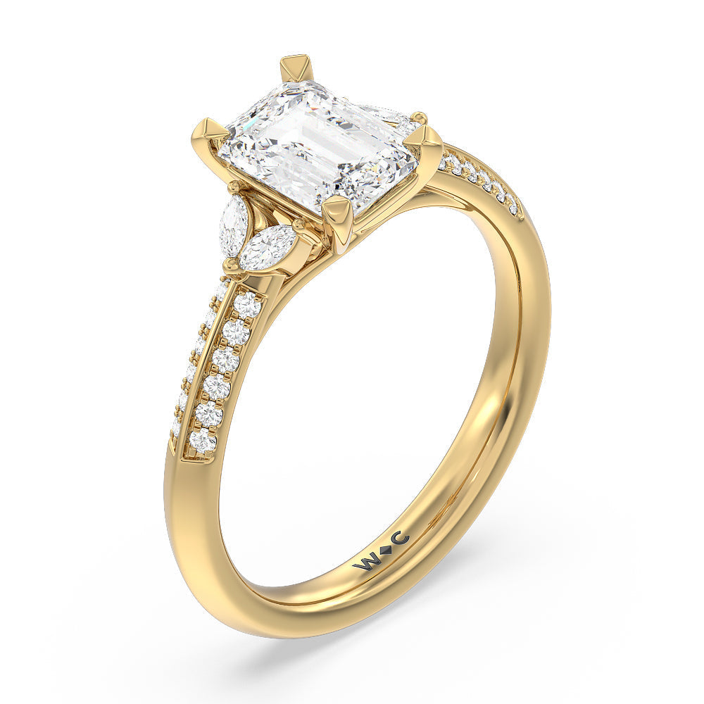 Knife Edge Pave & Side Stone Cathedral Diamond Engagement Ring with Emerald Cut Diamond in 14KT Yellow Gold view 3
