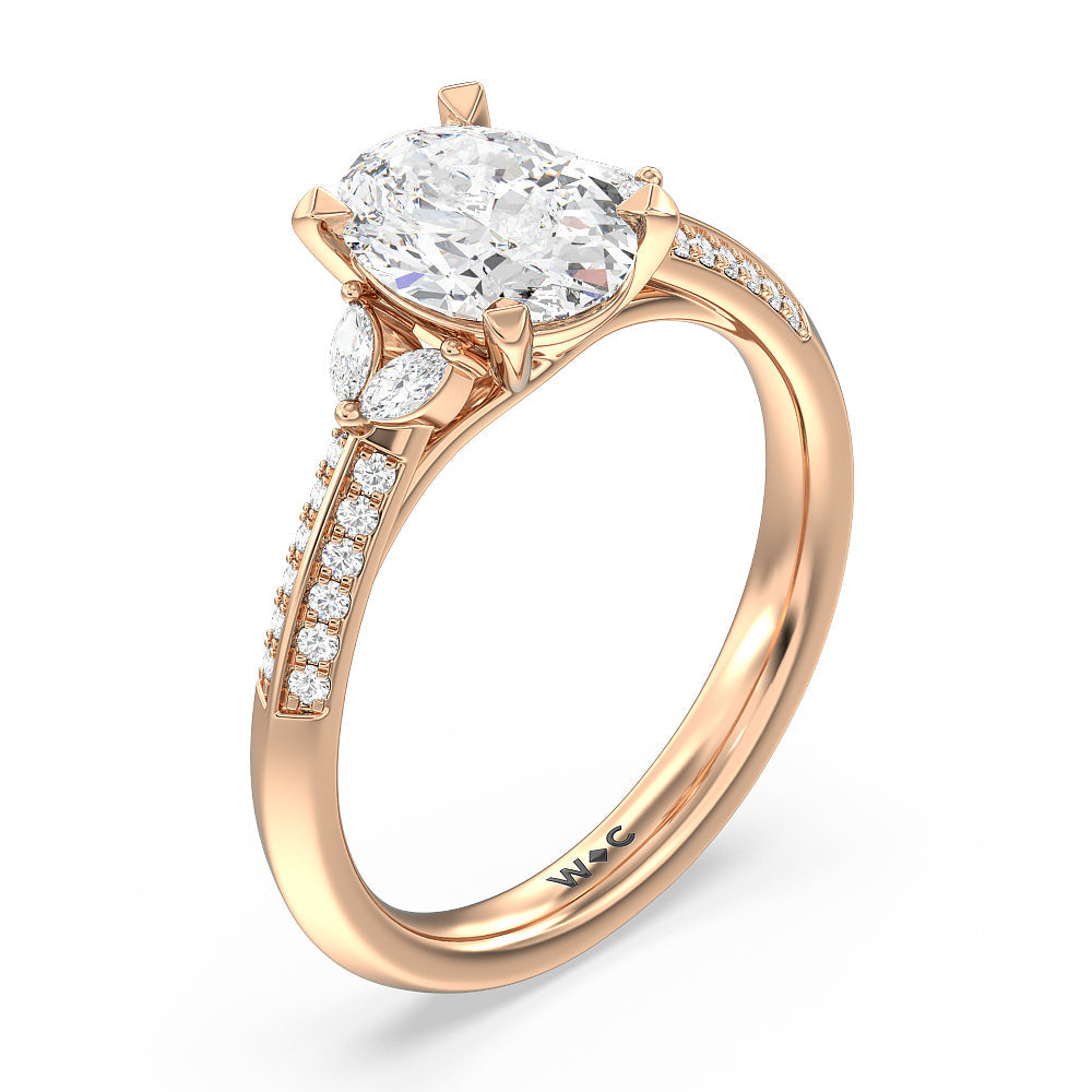 Knife Edge Pave & Side Stone Cathedral Diamond Engagement Ring with Oval Cut Diamond in 14KT Rose Gold view 3
