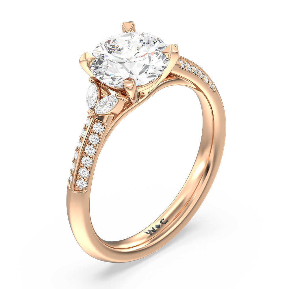 Knife Edge Pave & Side Stone Cathedral Diamond Engagement Ring with Round Cut Diamond in 14KT Rose Gold view 3
