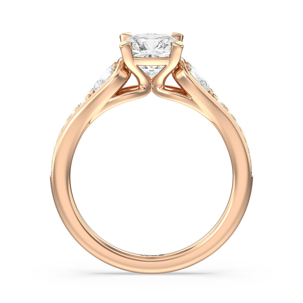 Three-Stone Pave Diamond Engagement Ring with Cushion Cut Diamond in 14KT Rose Gold view 2
