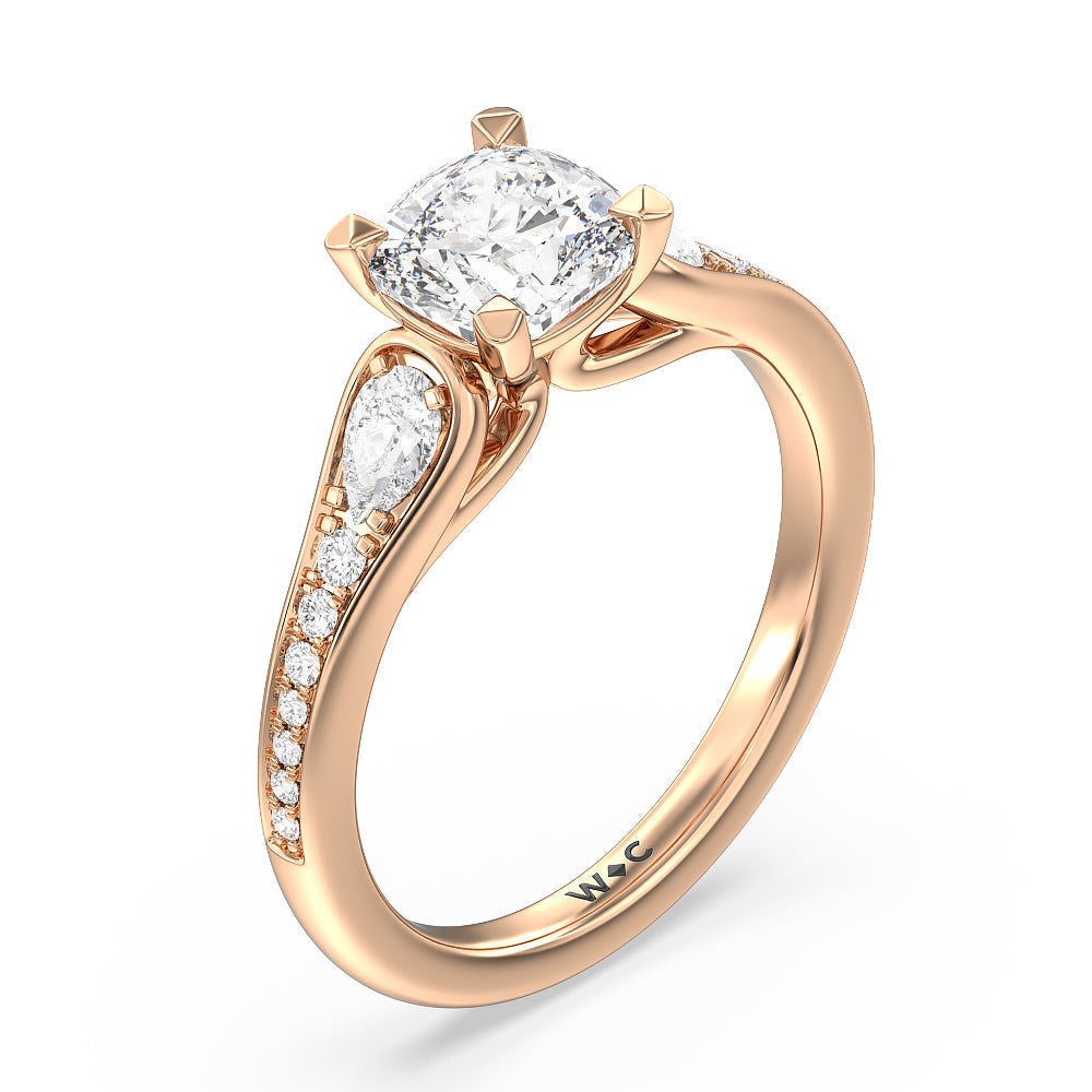 Three-Stone Pave Diamond Engagement Ring with Cushion Cut Diamond in 14KT Rose Gold view 3
