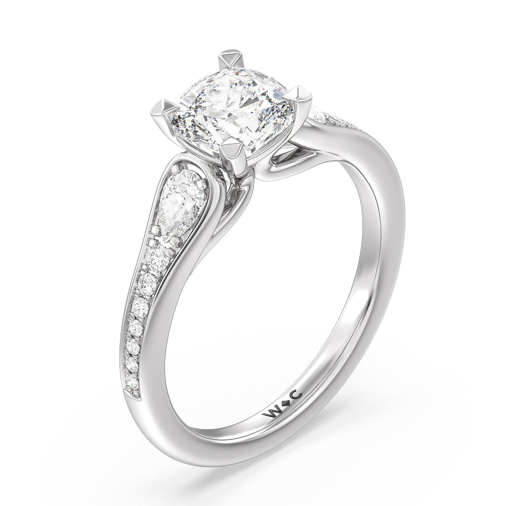 Three-Stone Pave Diamond Engagement Ring with Cushion Cut Diamond in 14KT Platinum view 3
