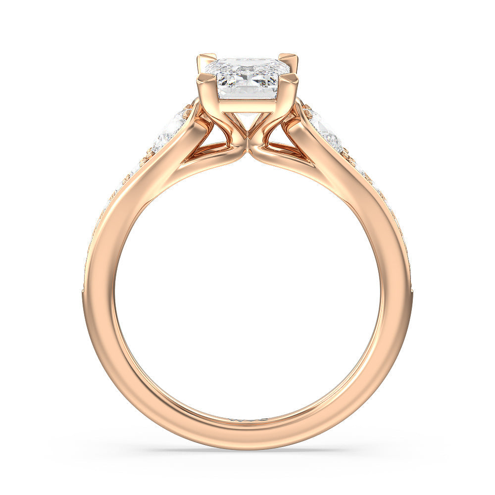 Three-Stone Pave Diamond Engagement Ring with Emerald Cut Diamond in 14KT Rose Gold view 2
