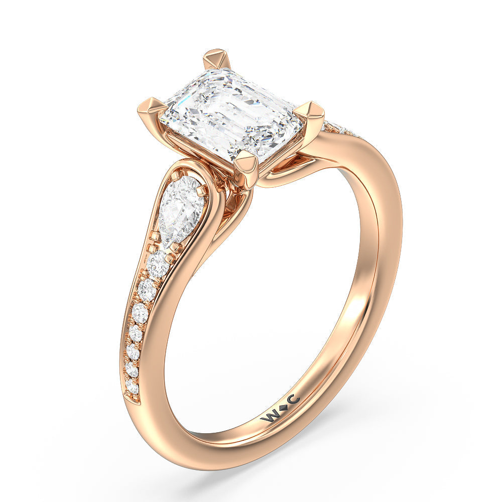 Three-Stone Pave Diamond Engagement Ring with Emerald Cut Diamond in 14KT Rose Gold view 3
