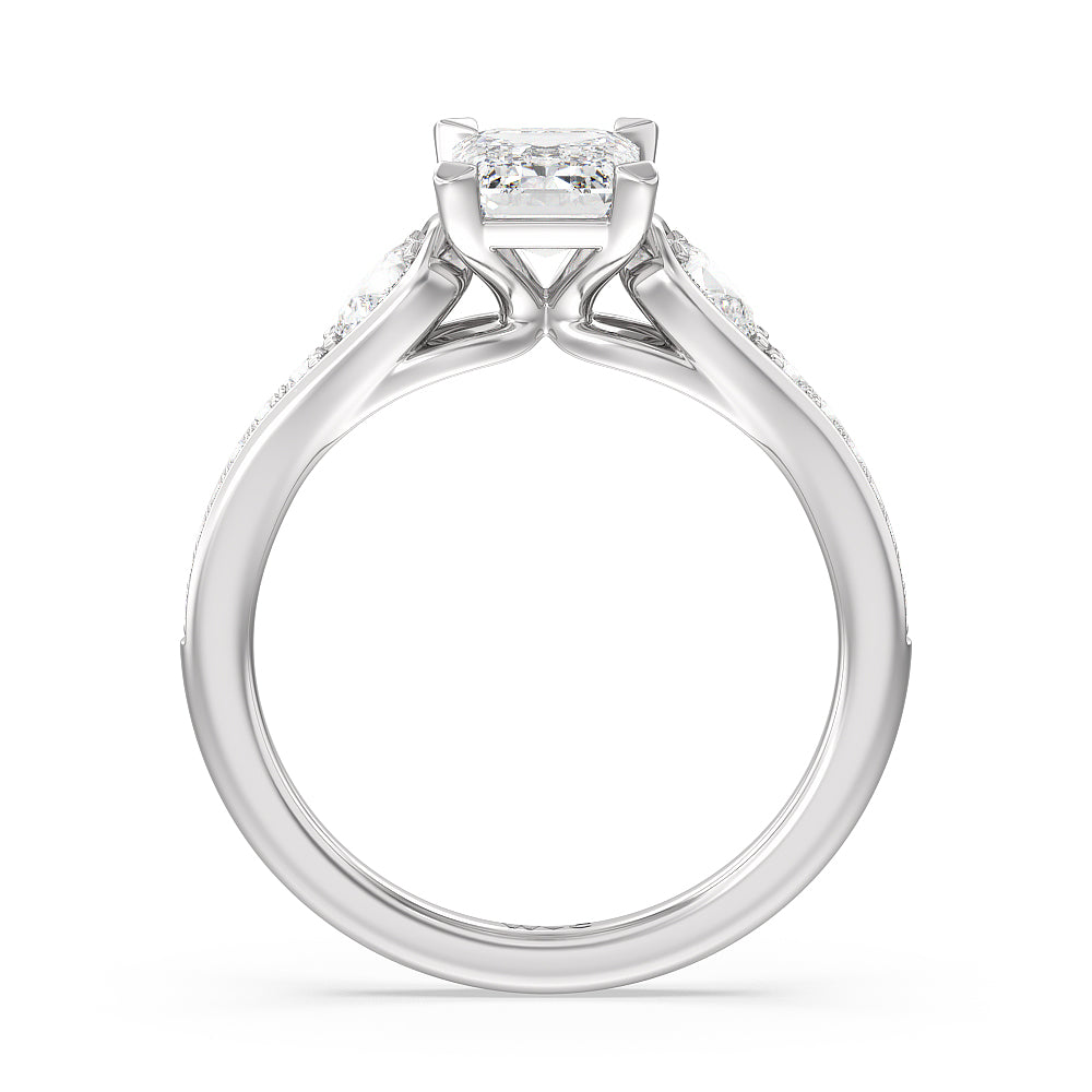 Three-Stone Pave Diamond Engagement Ring with Emerald Cut Diamond in 14KT Platinum view 2
