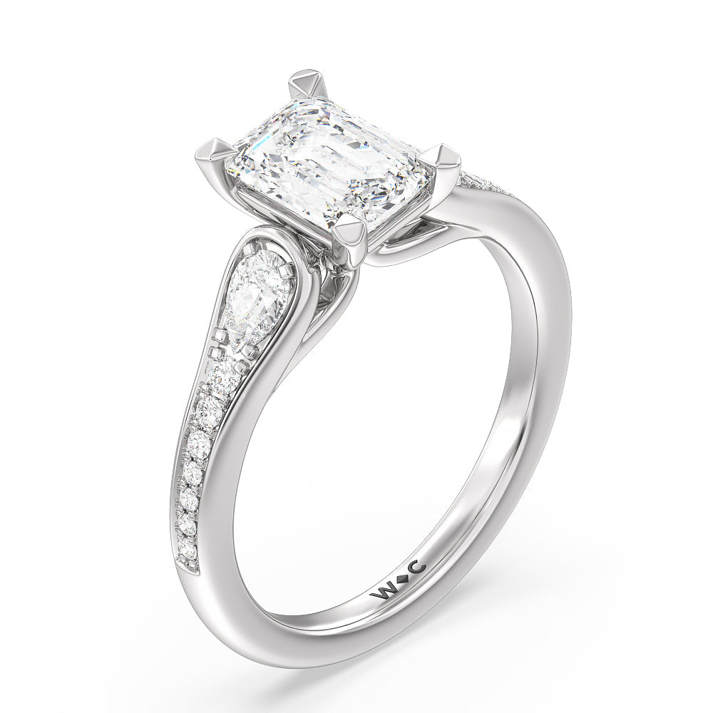 Three-Stone Pave Diamond Engagement Ring with Emerald Cut Diamond in 14KT Platinum view 3

