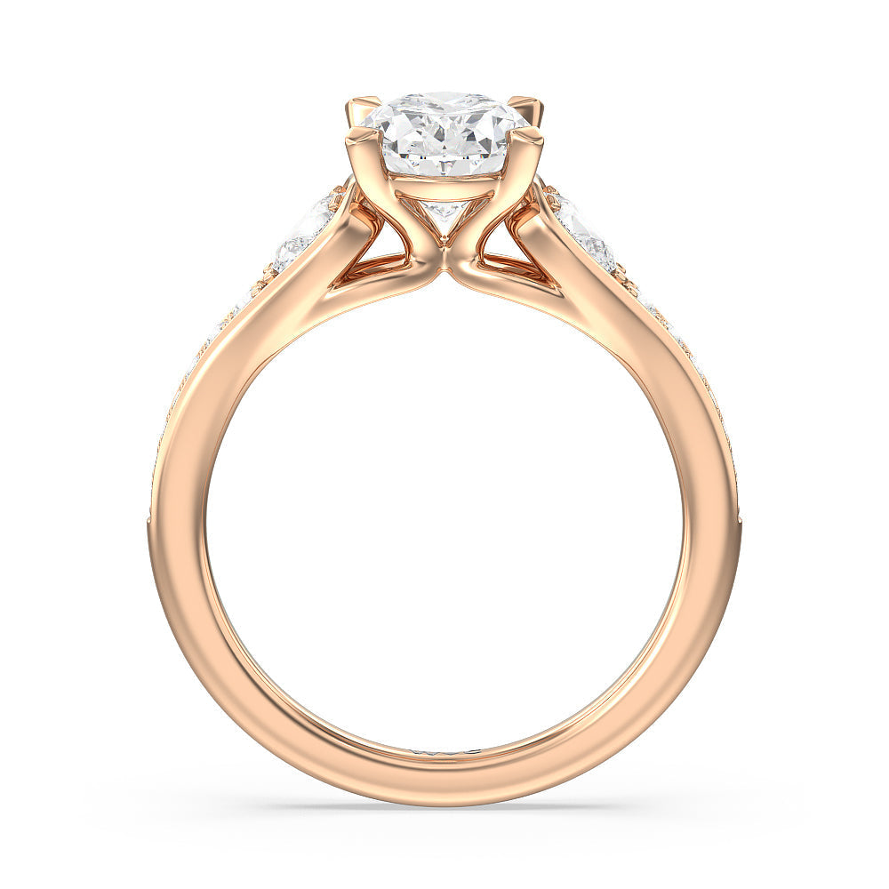 Three-Stone Pave Diamond Engagement Ring with Oval Cut Diamond in 14KT Rose Gold view 2
