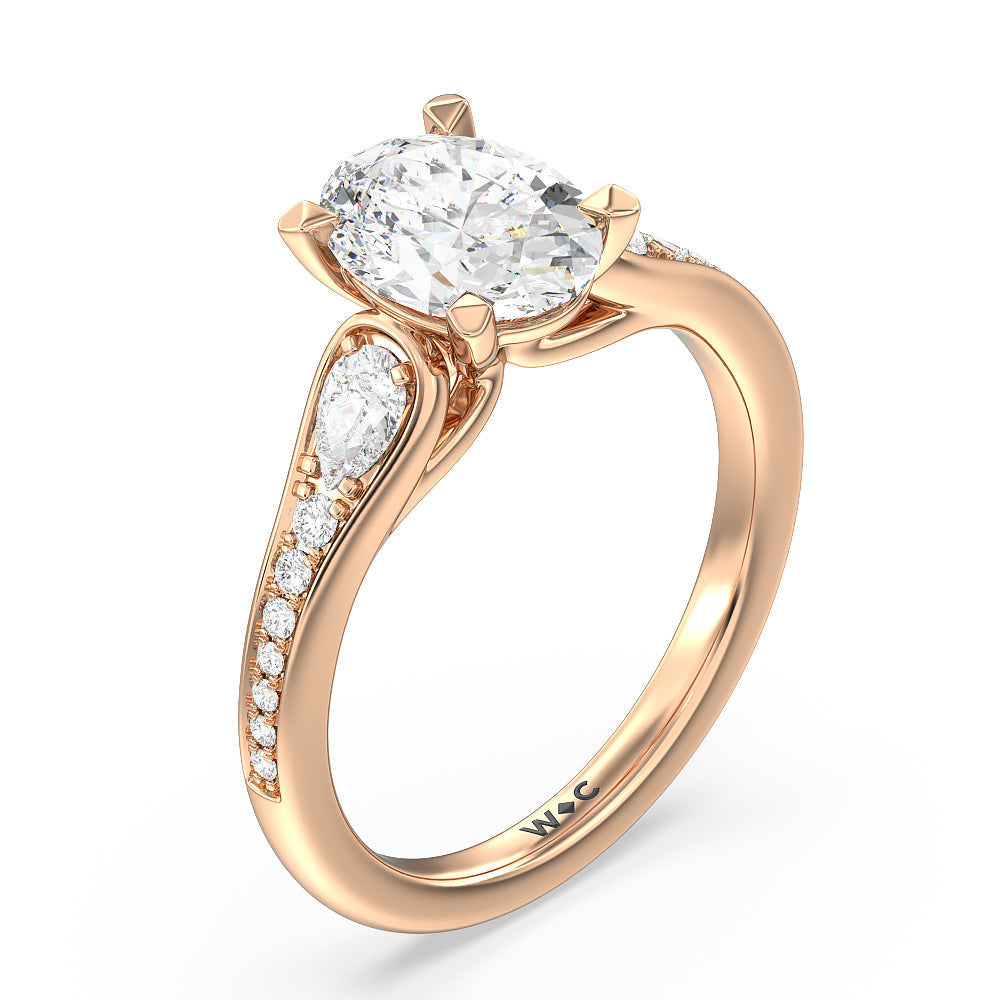 Three-Stone Pave Diamond Engagement Ring with Oval Cut Diamond in 14KT Rose Gold view 3
