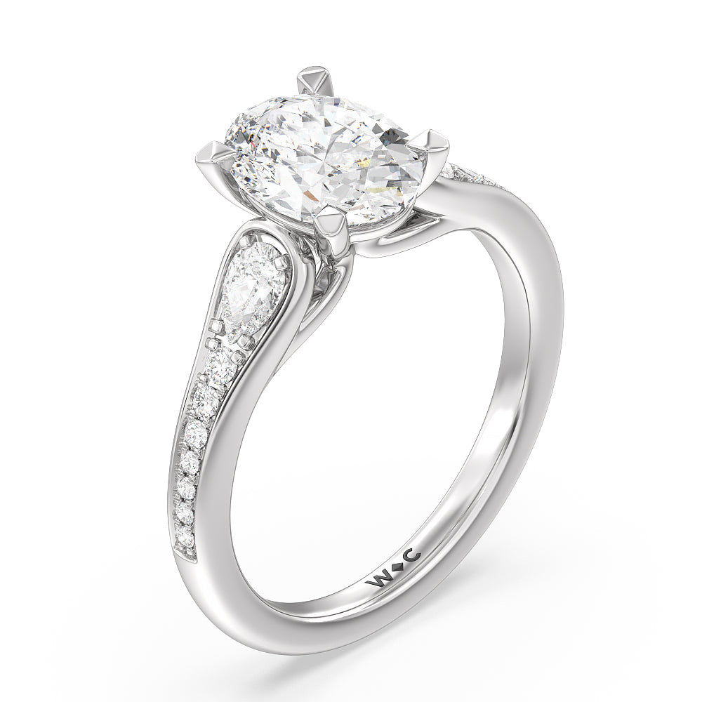Three-Stone Pave Diamond Engagement Ring with Oval Cut Diamond in 14KT Platinum view 3
